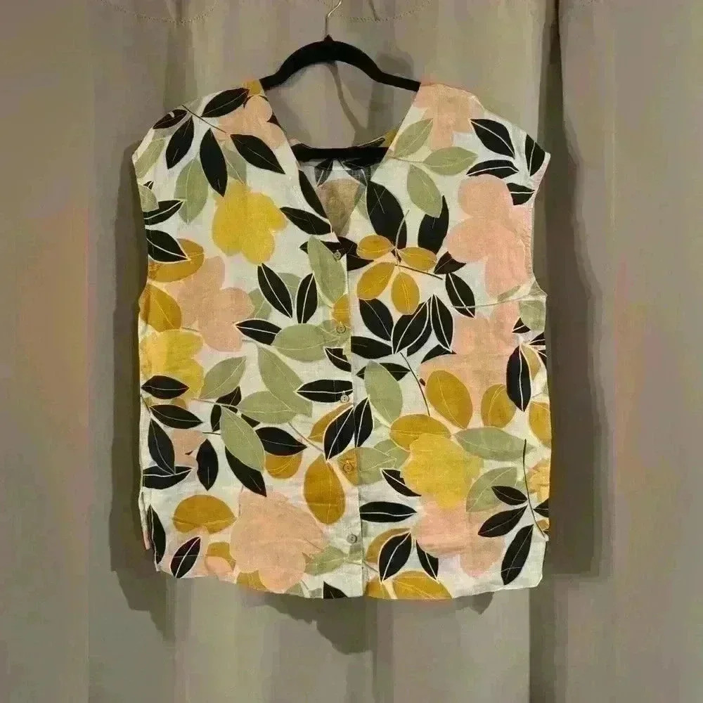 Floral Print Sleeveless Cotton Top - Pink/Green/Black - Picture 2 of 5